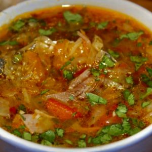 Village vegetable soup (schi) with chicken and mushrooms